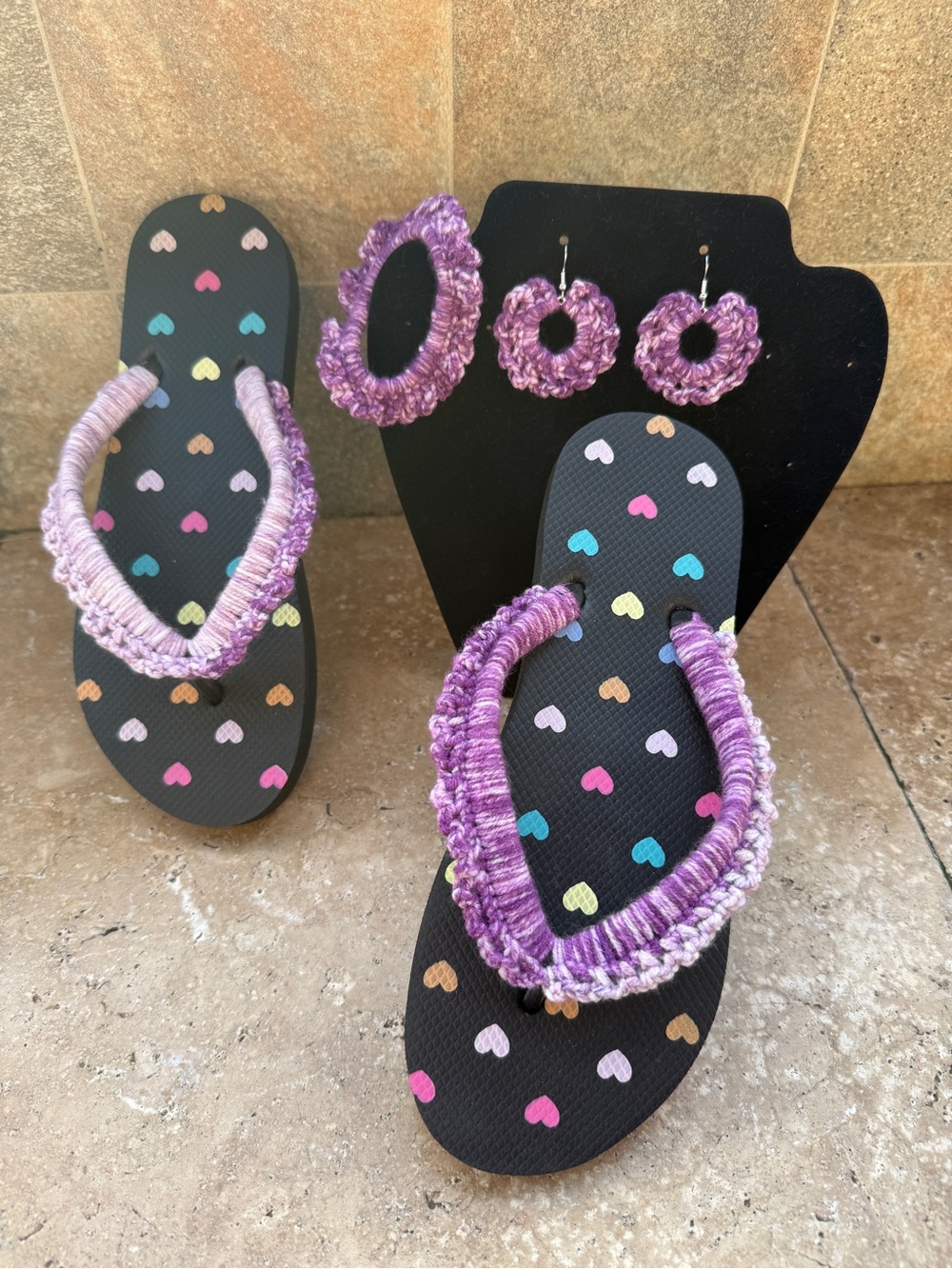 Handmade crochet ombre purple Flip Flops with Matching Earrings and scrunchie
